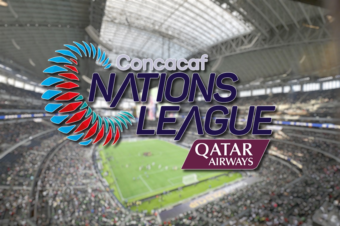 Concacaf Nations League logo in the foreground with the interior of AT&T Stadium with a soccer pitch in the background.