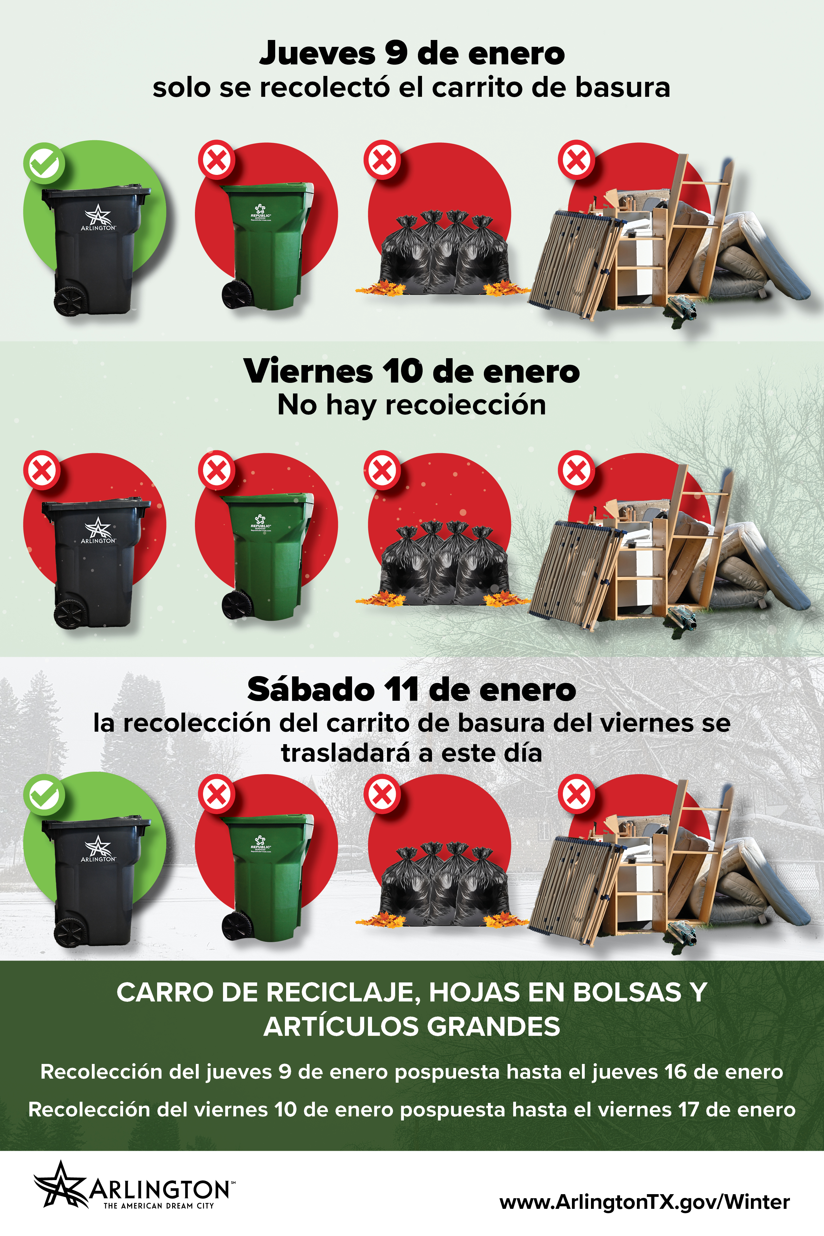 A promo picture explaining the changes in the trash collection. The graphic reads: hursday, Jan. 9: Only Trash Cart Collected Friday, Jan. 10: No Collection Saturday, Jan 11: Friday Trash Cart Collection will Shift to this Day Recycling Cart, Bagged Leaves and Bulk Trash Thursday, Jan. 9 collection postponed until Thursday, Jan. 16 Friday, Jan. 10 collection postponed until Friday, Jan. 17 www.ArlingtonTX.gov/Winter A promo picture explaining the changes in the trash collection. The graphic reads: Thursday, Jan. 9: Only Trash Cart Collected Friday, Jan. 10: No Collection Saturday, Jan 11: Friday Trash Cart Collection will Shift to this Day Recycling Cart, Bagged Leaves and Bulk Trash Thursday, Jan. 9 collection postponed until Thursday, Jan. 16 Friday, Jan. 10 collection postponed until Friday, Jan. 17 www.ArlingtonTX.gov/Winter