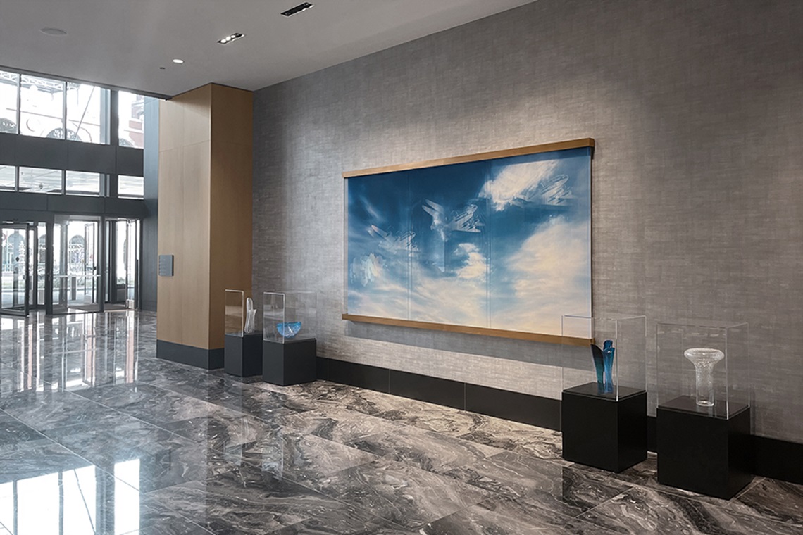 Glass art sculptures on display in the lobby of Loews Arlington Hotel and Convention Center.