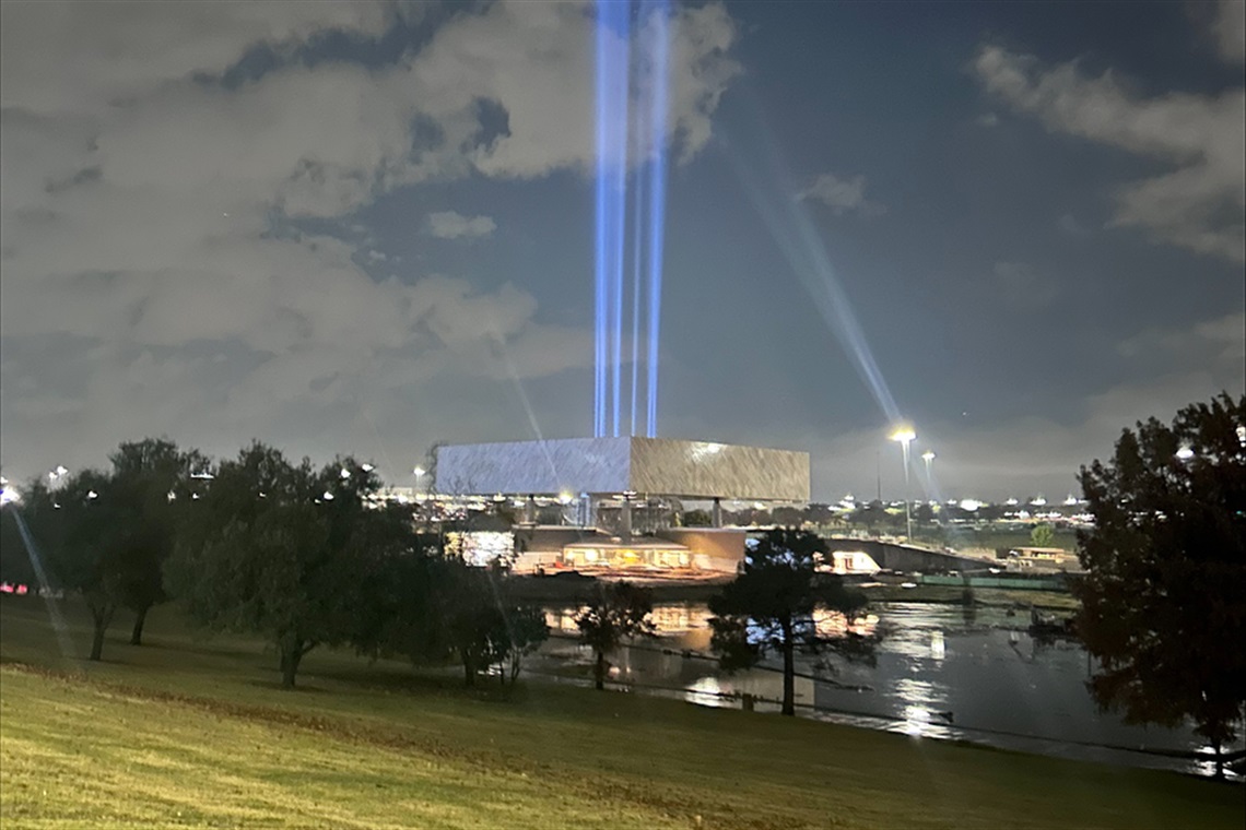 Light beams shining at the National Medal of Honor Museum. 