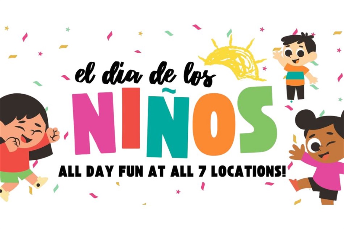 El día de los Niños celebration at the Library featuring three joyful cartoon children celebrating with confetti,
