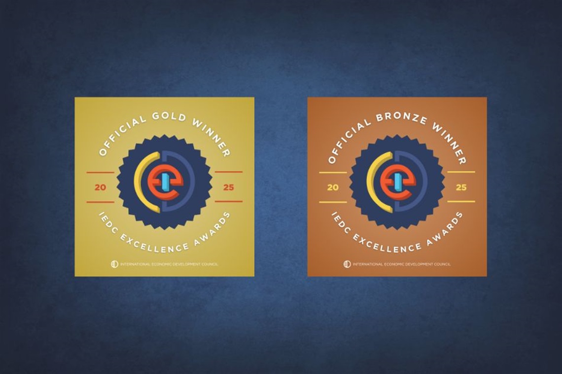 Two IEDC award badges side by side on a blue textured background - the left is gold and the right is bronze.