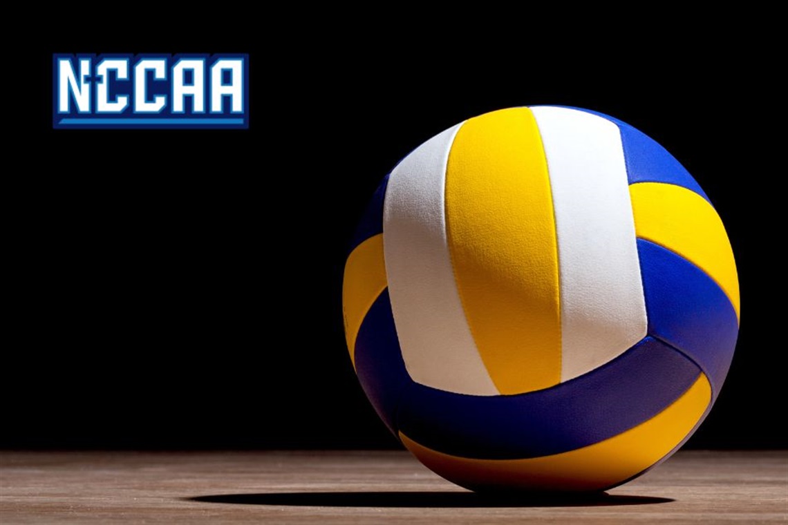 Blue, yellow and white volleyball with the NCCAA logo in the upper left corner.