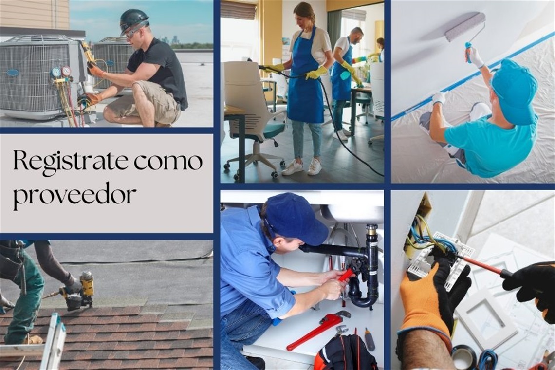 Collage of five images showing various professionals at work: servicing an air conditioning unit, cleaning a window, painting a wall, installing shingles on a roof, and repairing plumbing. Text overlay reads 'Register as a provider.'