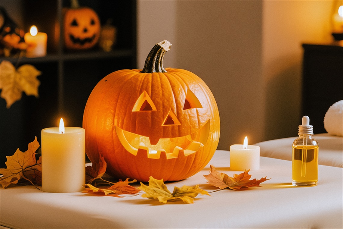 A carved pumpkin sits on a table, surrounded by candles and autumn leaves, creating a warm, cozy Halloween atmosphere.