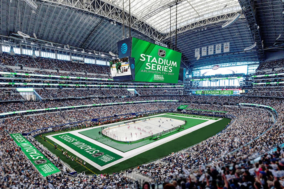 Rendering of AT&T Stadium with hockey rink on the field for the 2027 NHL Stadium Series.