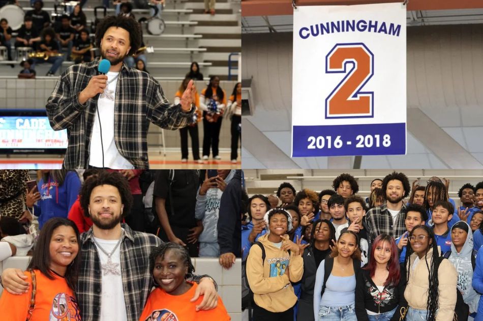 Cade Cunningham with students at Bowie High School gymnasium in December 2025.