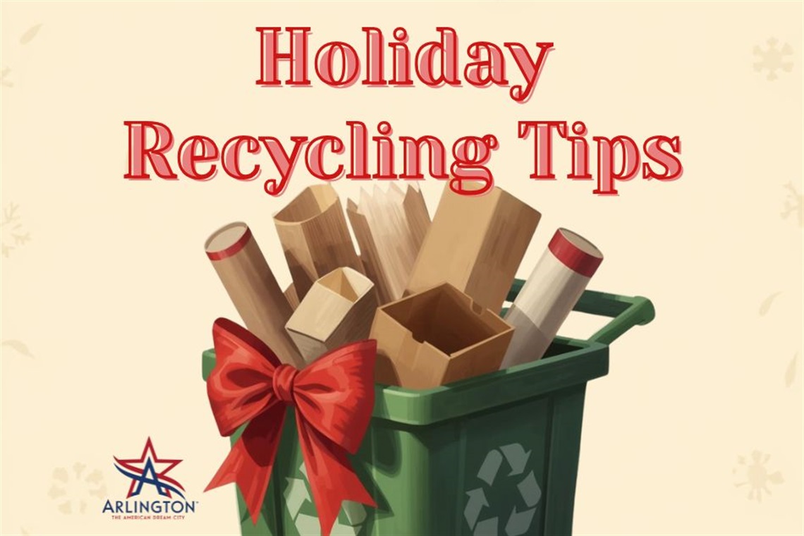 Holiday Recycling Tips with a green recycling cart filled with cardboard boxes