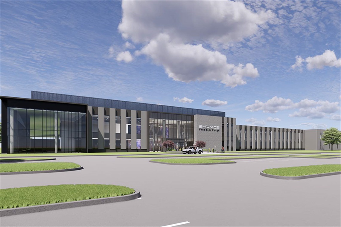 Rendering of exterior of concrete and glass building with words 