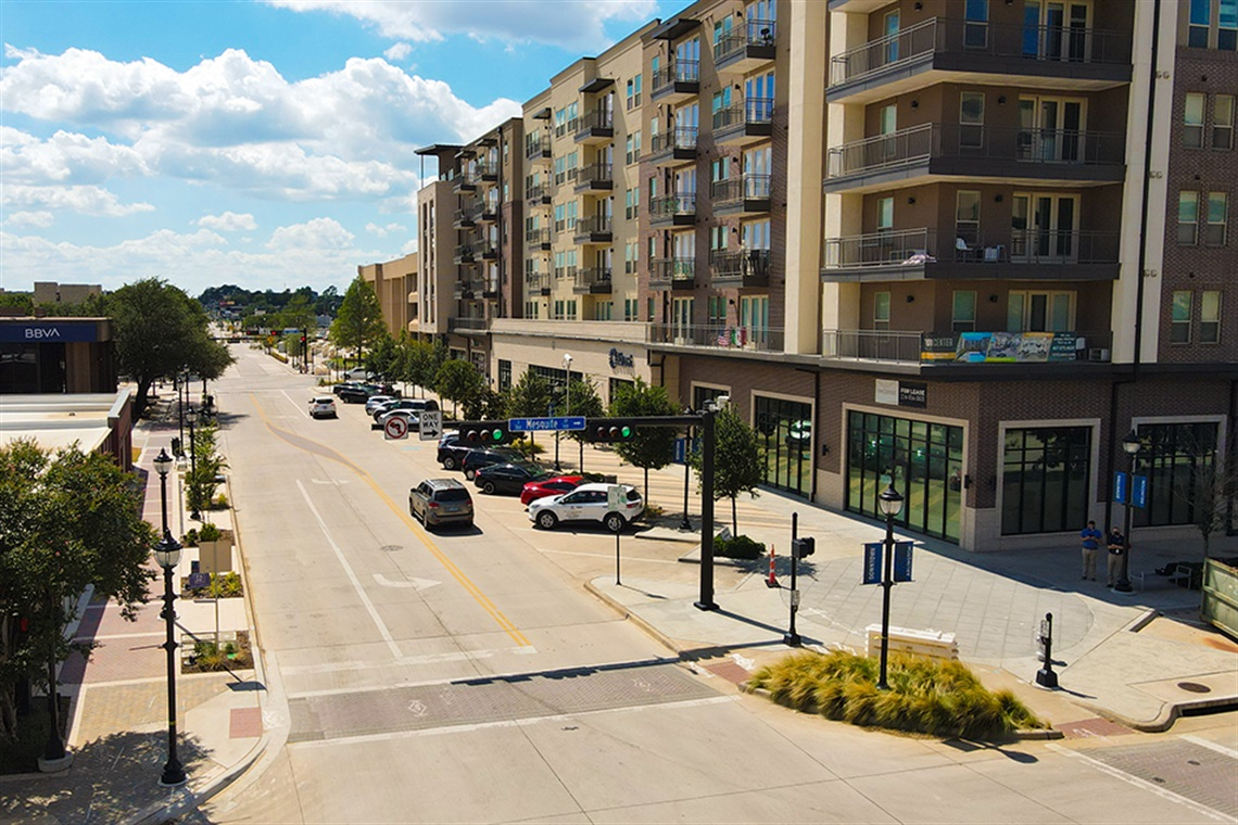 Drone shot of downtown mixed-use development