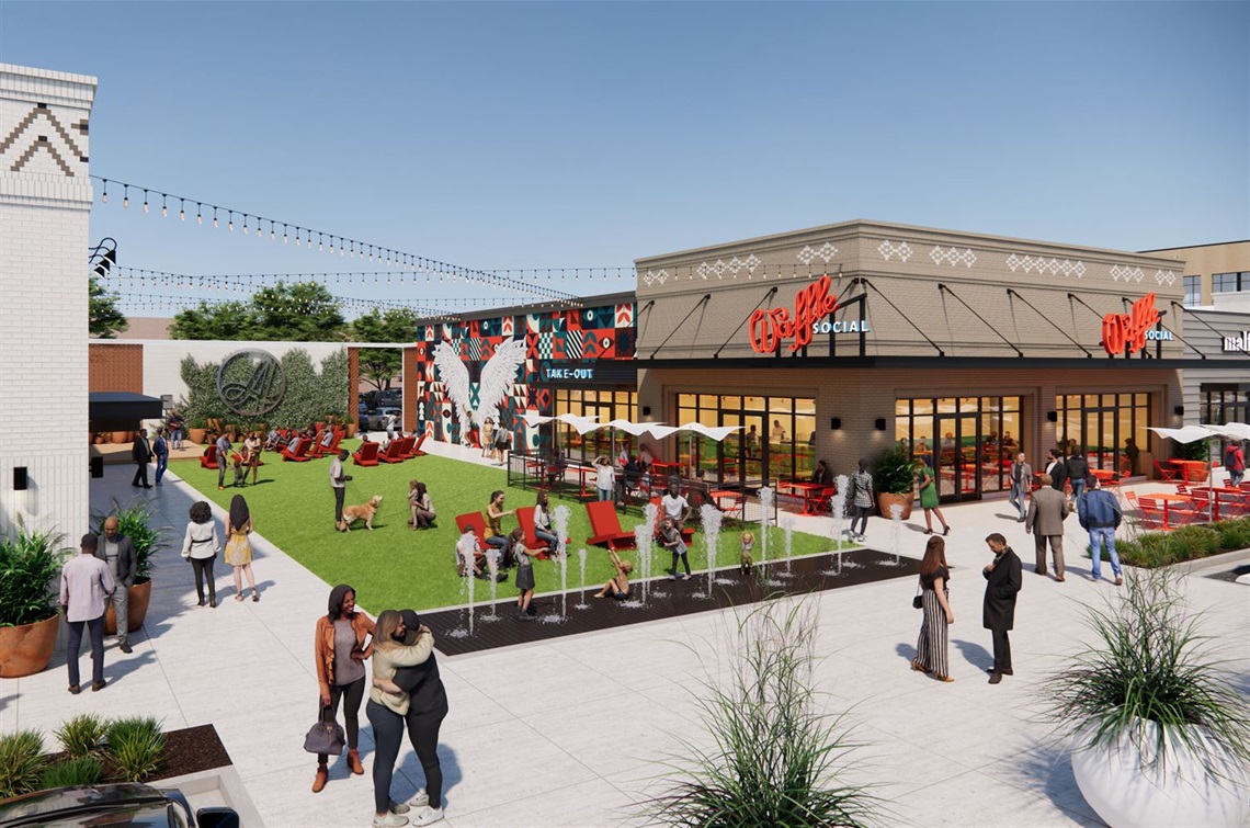 Rendering of people hanging out in a green space outside of a restaurant