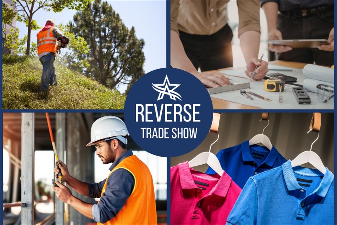 Reverse Trade Show graphic with construction worker, architect, landscaper and a trio of colorful polo shirts.