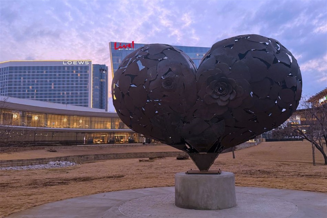 Heartfullness sculpture in Dr. Robert Cluck Linear Park in Arlington.
