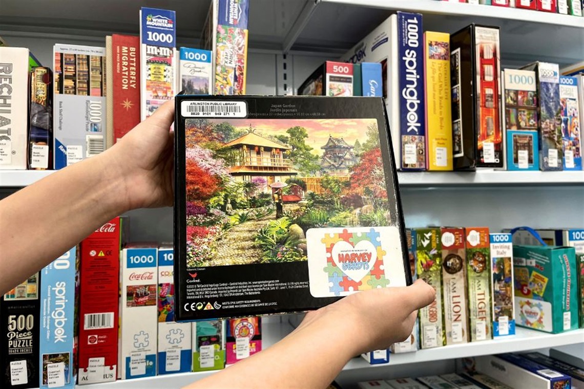 Puzzles donated to the Arlington Public Library in memory of Arlington resident Harvey Gerdts. These puzzles are available for checkout by library card holders.