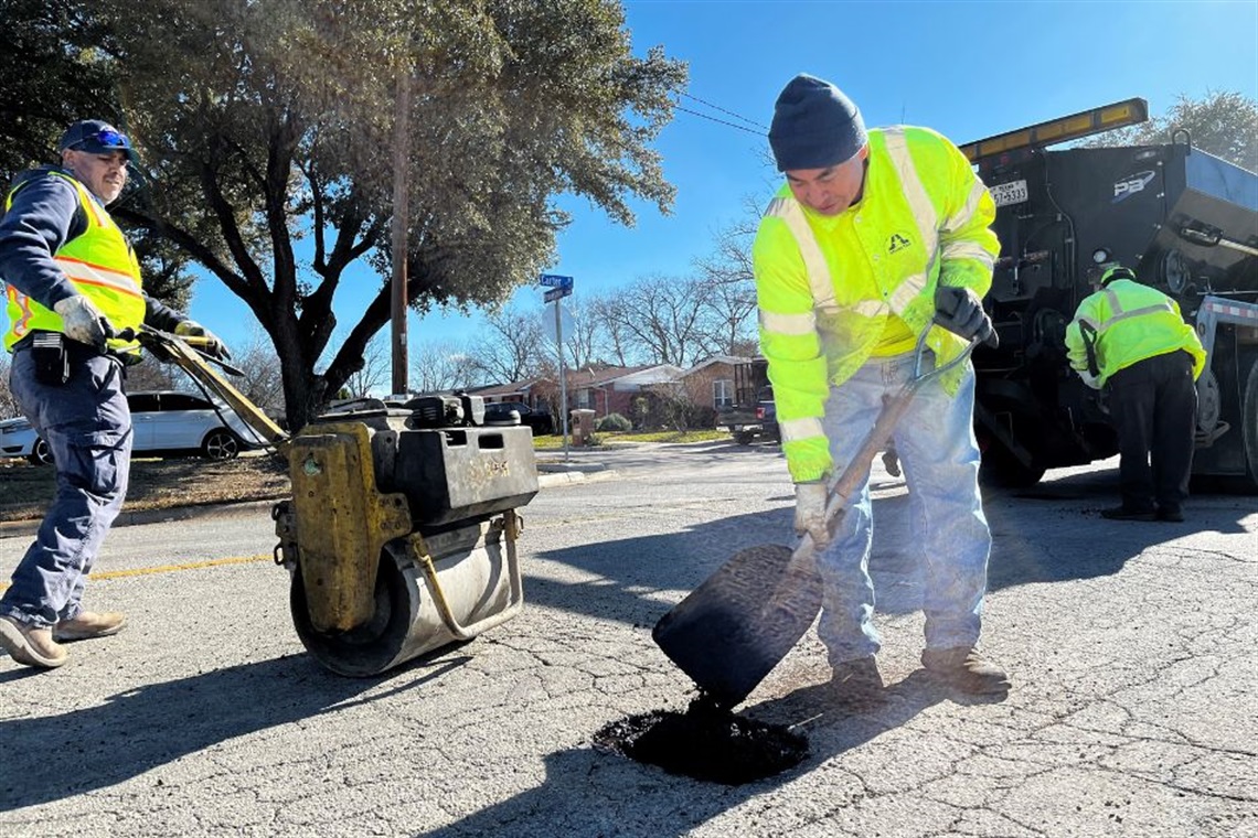 City of Arlington Public Works crews repair a pothole on Sherry Street in January 2026.