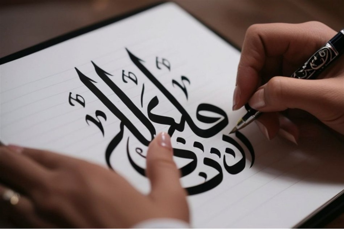 Person writing in calligraphy on a digital tablet.