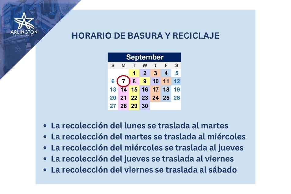 calendar showing labor day trash and recycling schedule