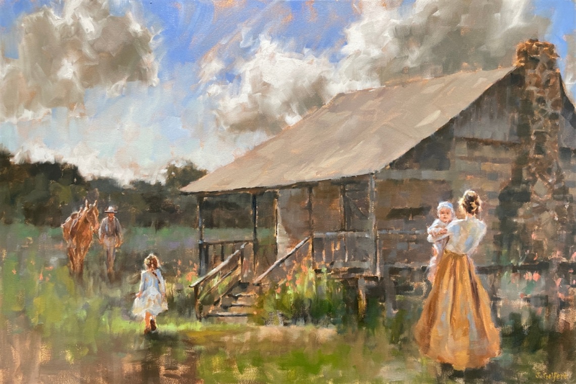 Jopling-Melear Cabin - Heritage Park Arlington. Oil on Canvas by Judy Gilfert