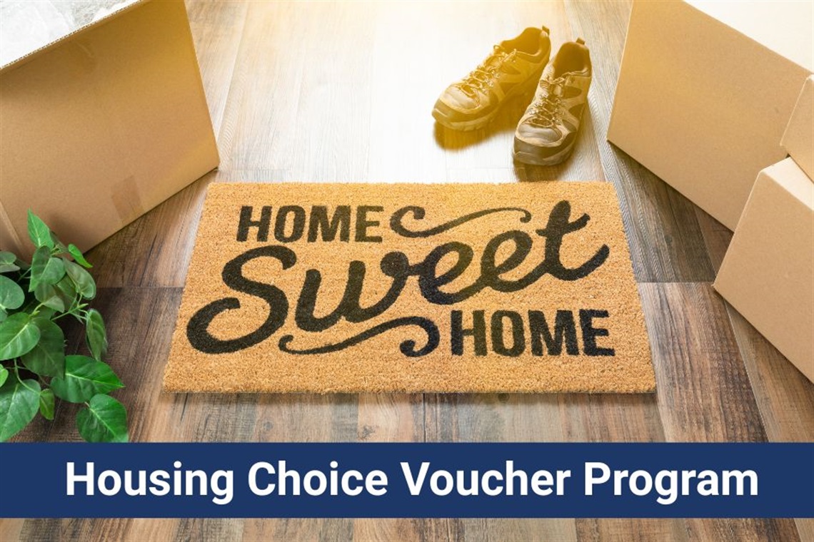Welcome mat that reads Home Sweet Home and a label that says Housing Choice Voucher Program