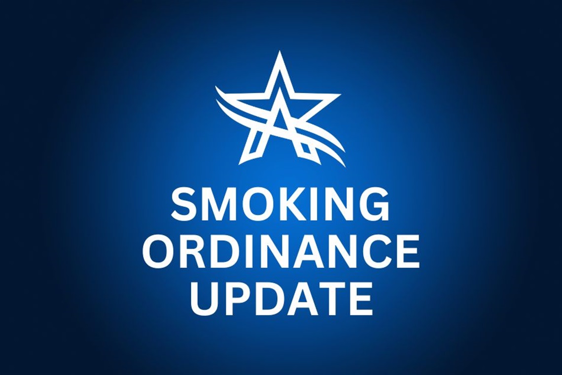 Blue background with the City of Arlington logo and the words Smoking Ordinance Update