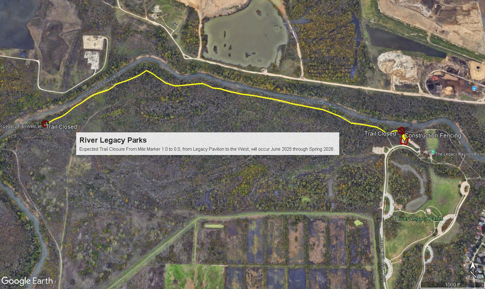 Map graphic showing closed area of River Legacy trail
