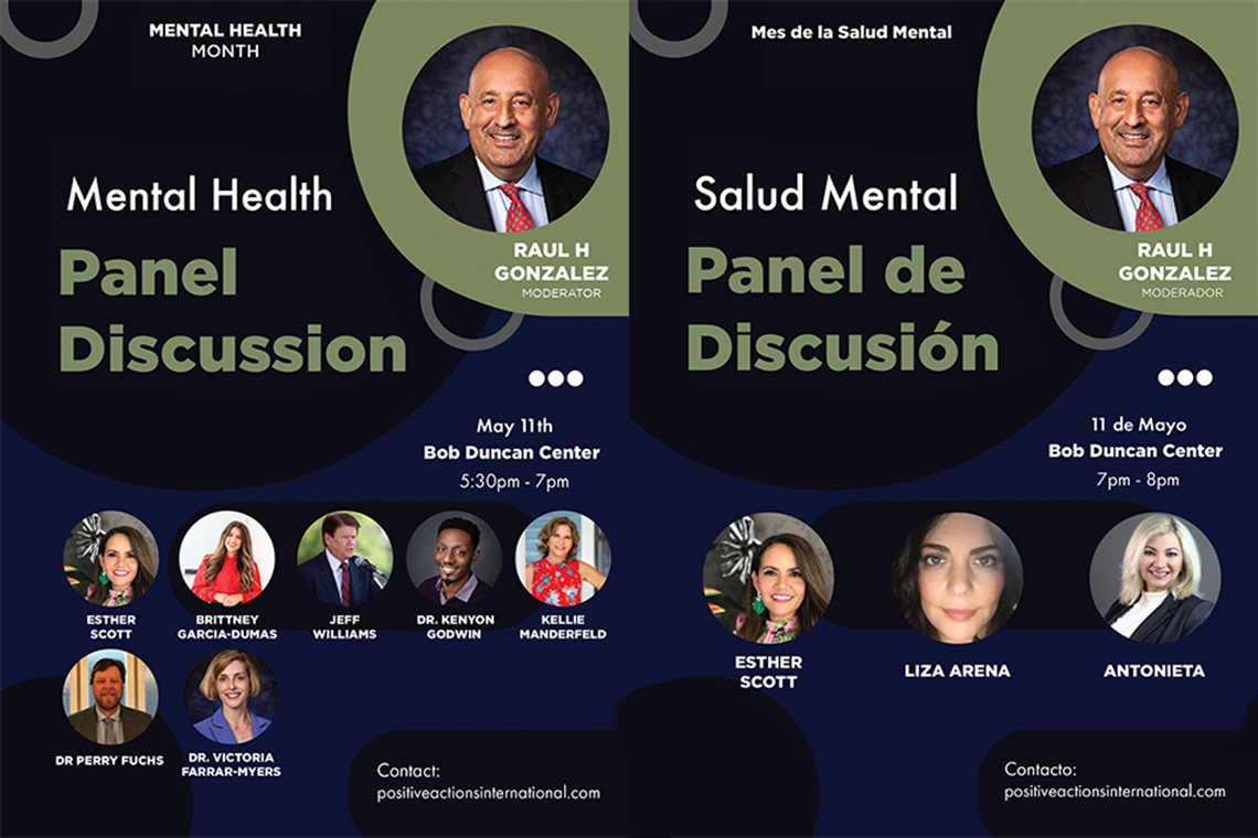 Together for Mental Health Panel Discussion graphic in English and Spanish