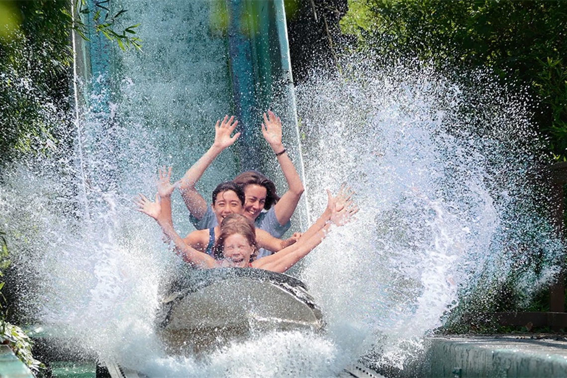 Guests riding the log flume ride at Six Flags Over Texas in Arlington
