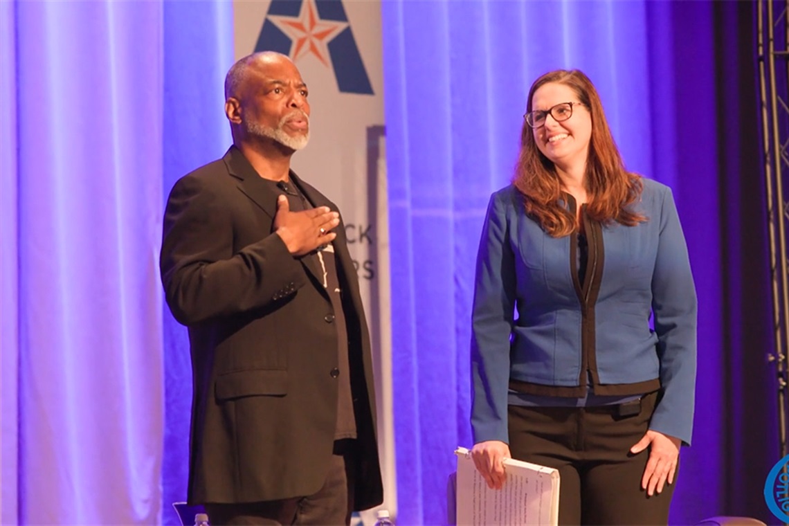 LeVar Burton with hand over heart, while UTA President Jennifer Cowley stands with a smile.
