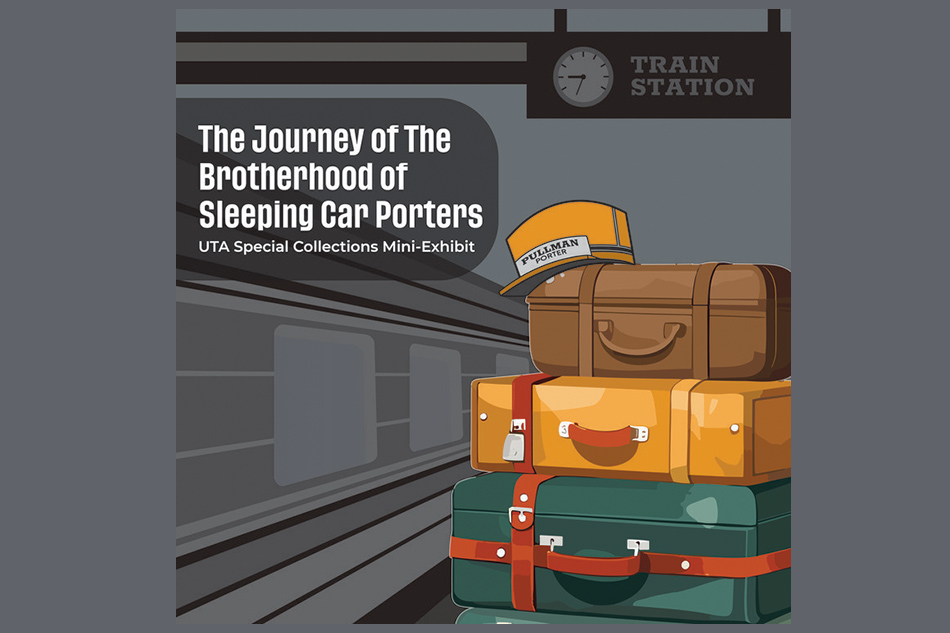 The Journey of The Brotherhood of Sleeping Car Porters Mini-Exhibit artwork with suitcases in the foreground with train in the background