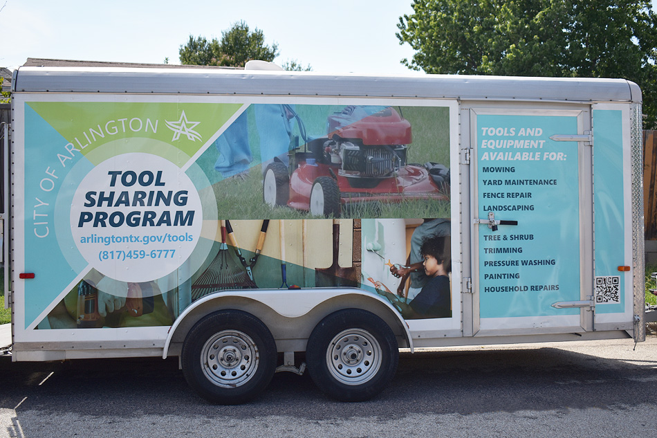 photo of the original Tool Sharing trailer which provides door-step delivery to Arlington residents for free use of tools and equipment for property cleanup and maintenance.