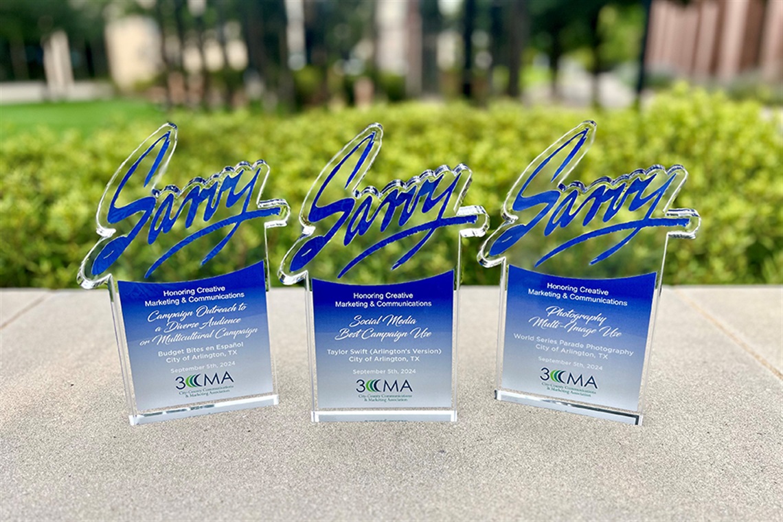 Three Savvy Awards placed on concrete ledge.