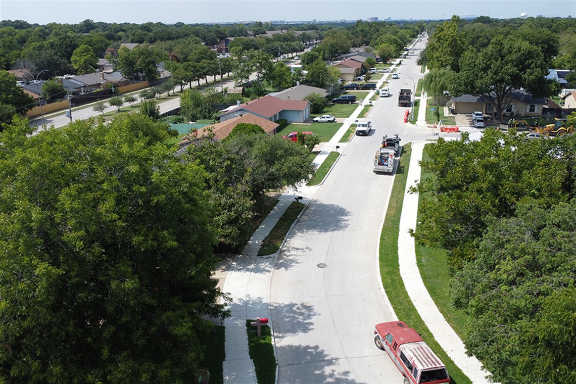 Photo shows an aerial view of the newly rebuilt Shenandoah Drive, which was rebuilt from East from Timberview Lane to Concord Drive and Custer Street from South Collins Street to Shenandoah Drive