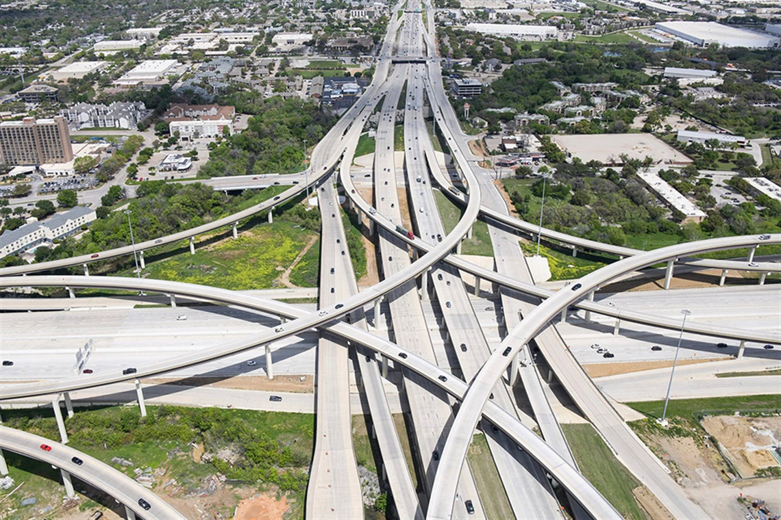 Aerial view of Interstate 30/SH 360 Interchange Project in Arlington