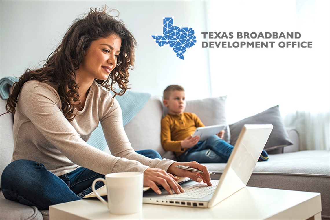 Woman in the foreground on laptop with boy in the background on the tablet with the text above the humans 