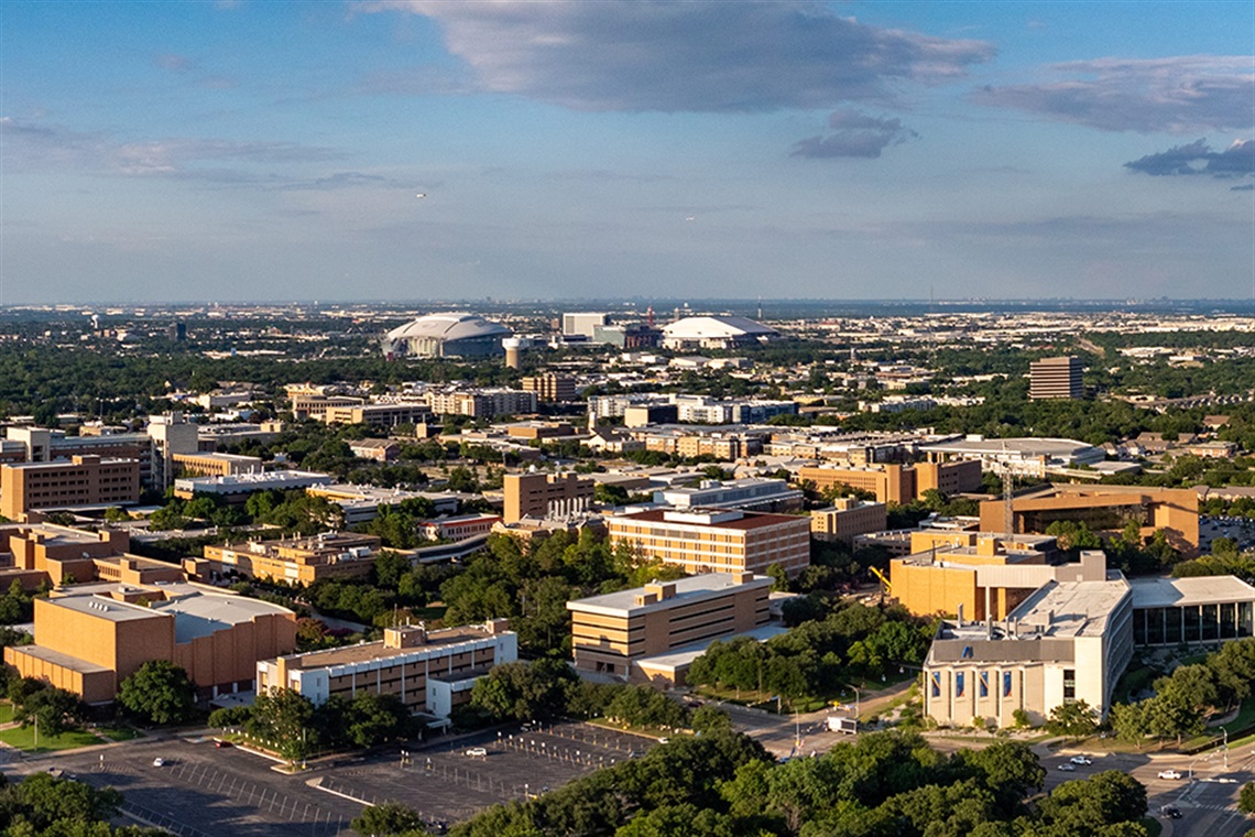 Aerial photo of Arlington including UTA in the foreground and Entertainment District in the background.
