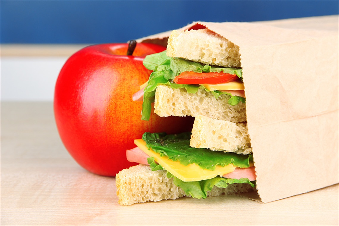 photo of a sandwich and red apple