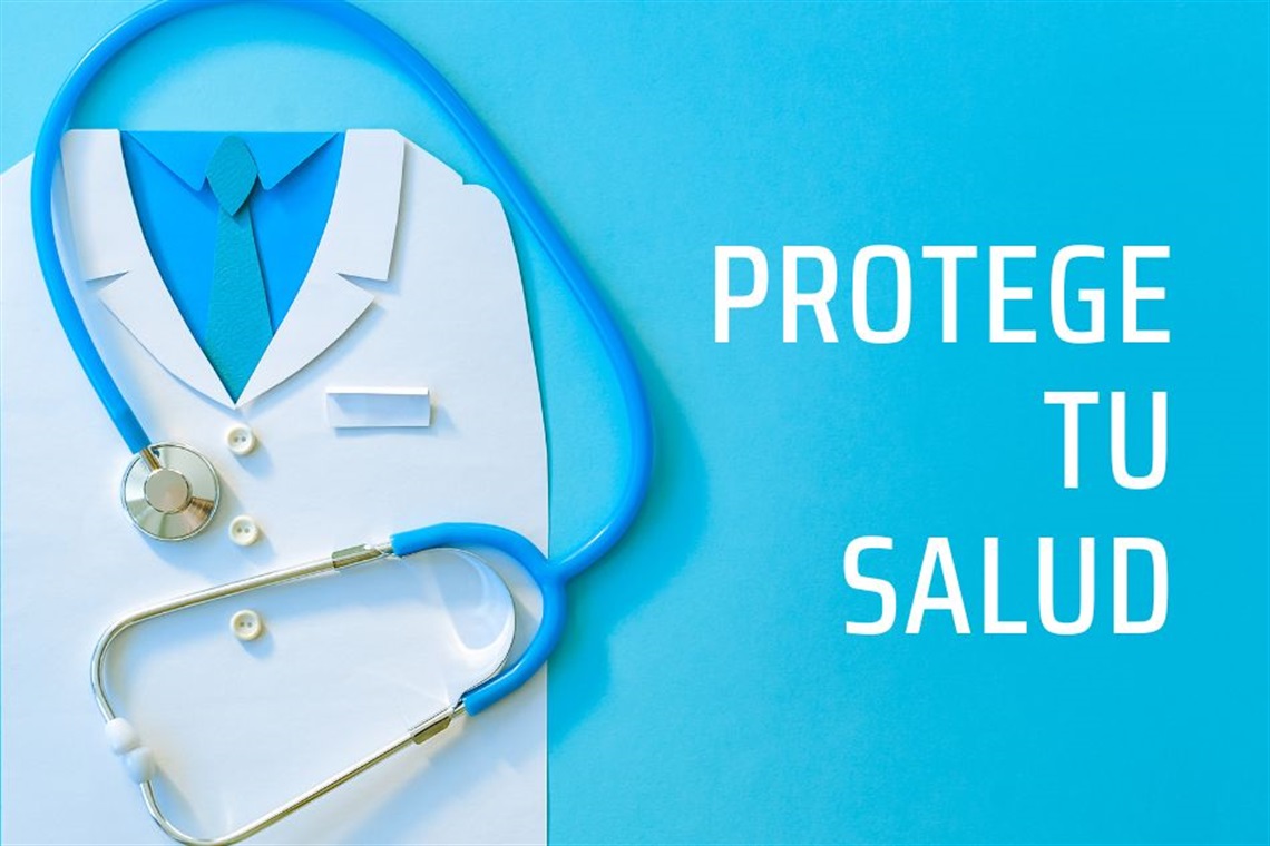 Doctor lab coat on a blue background with words Protege Tu Salud Doctor lab coat on a blue background with words Protege Tu Salud