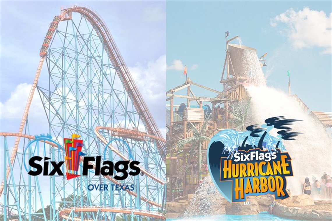 Six Flags Over Texas and Hurricane Harbor logos on top of blurred out background of rides at each park.