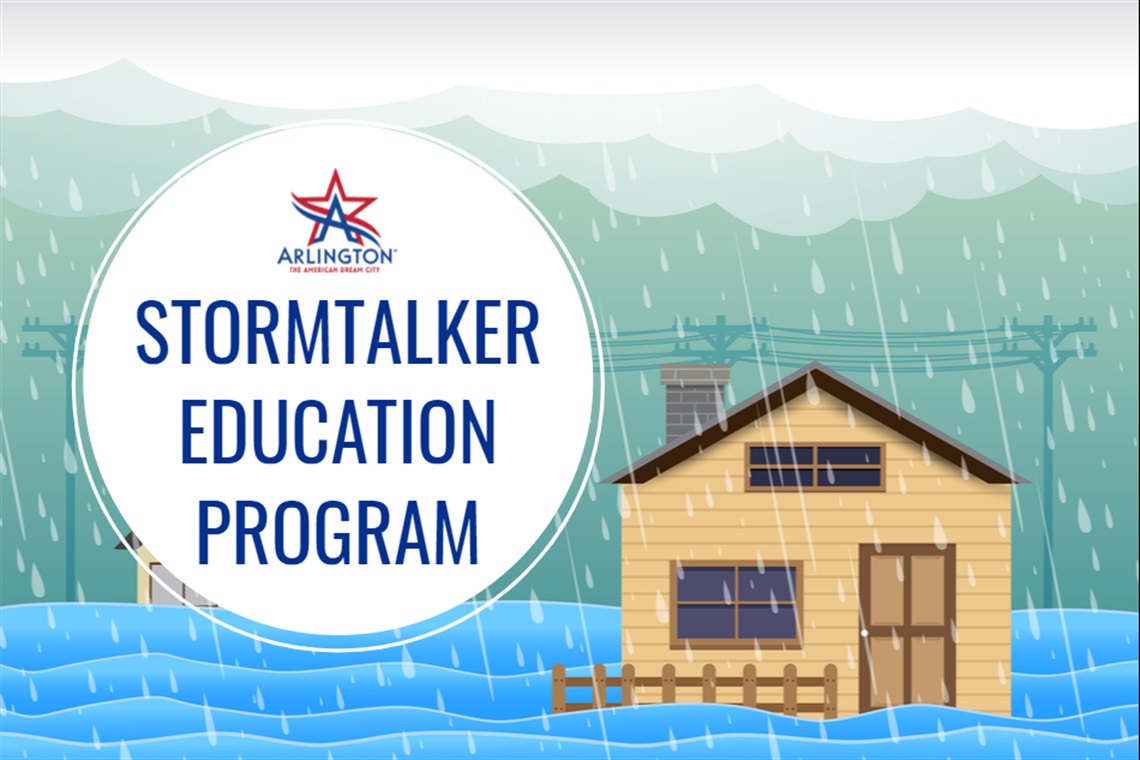 Drawing of rain on a house with floodwaters with the text Stormtalker Education Program