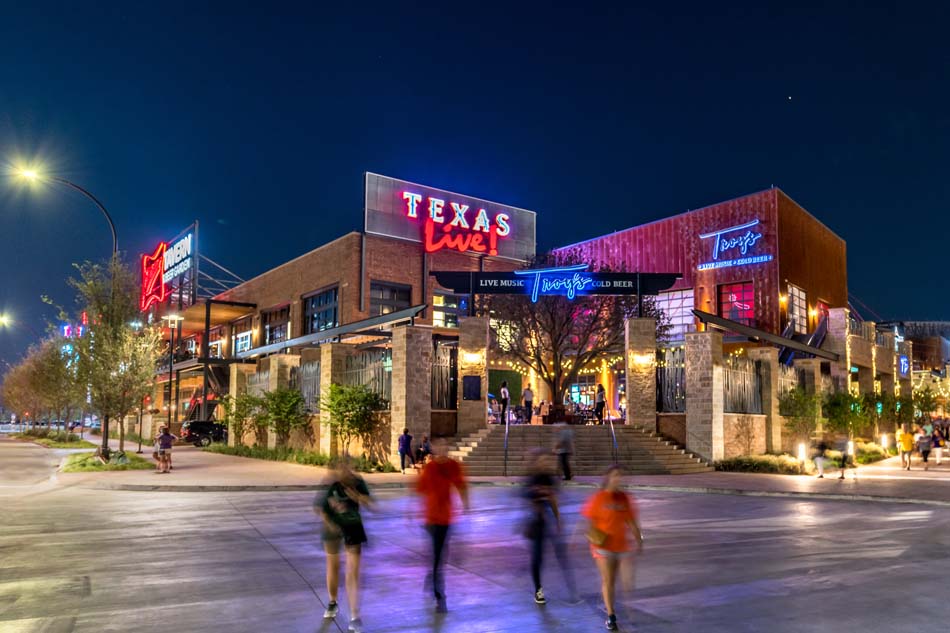 Texas Live and Troys exterior street view at night