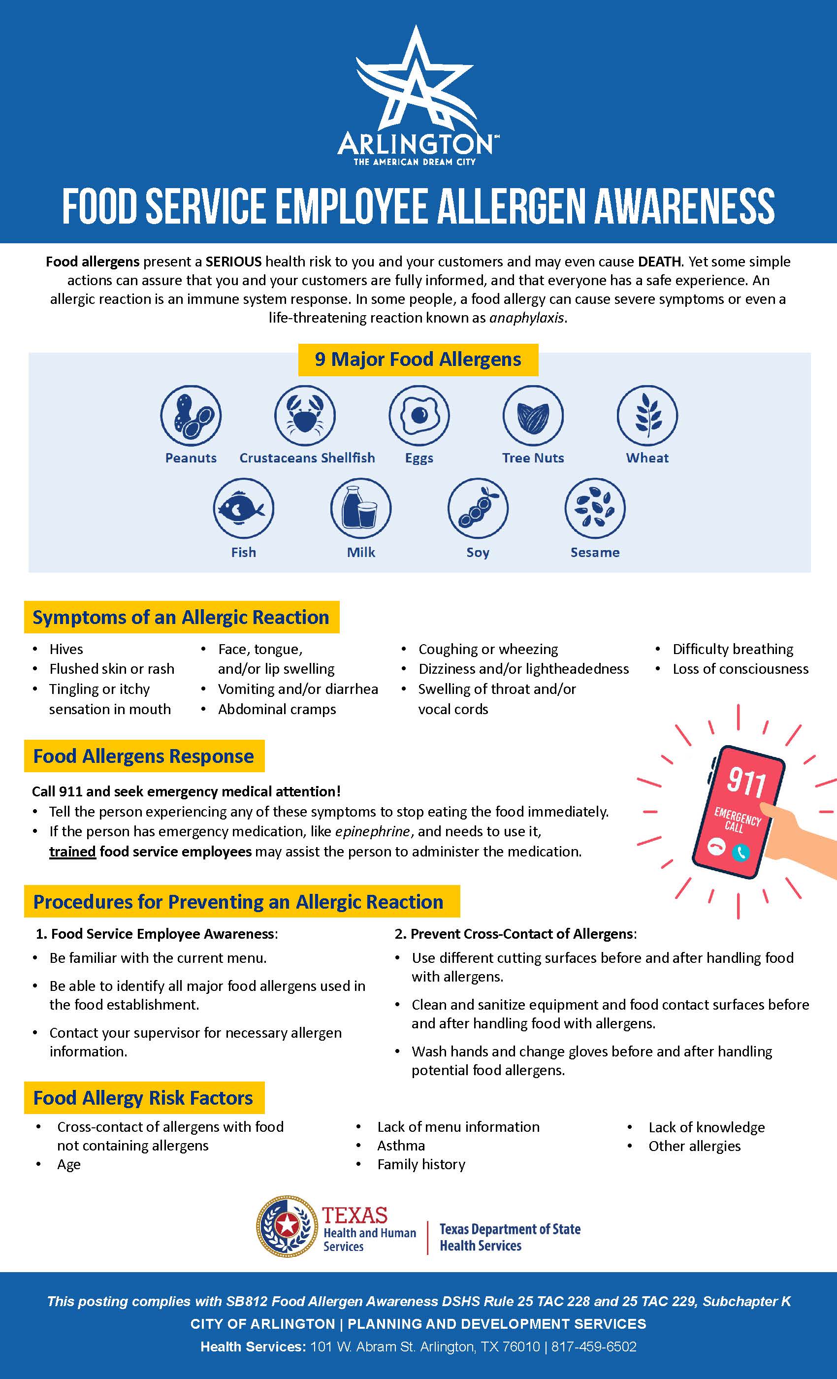 Food allergen awareness poster displaying common allergens including peanuts, tree nuts, milk, eggs, wheat, soy, fish, and shellfish. Includes icons for each allergen and a message encouraging individuals to notify staff of any food allergies