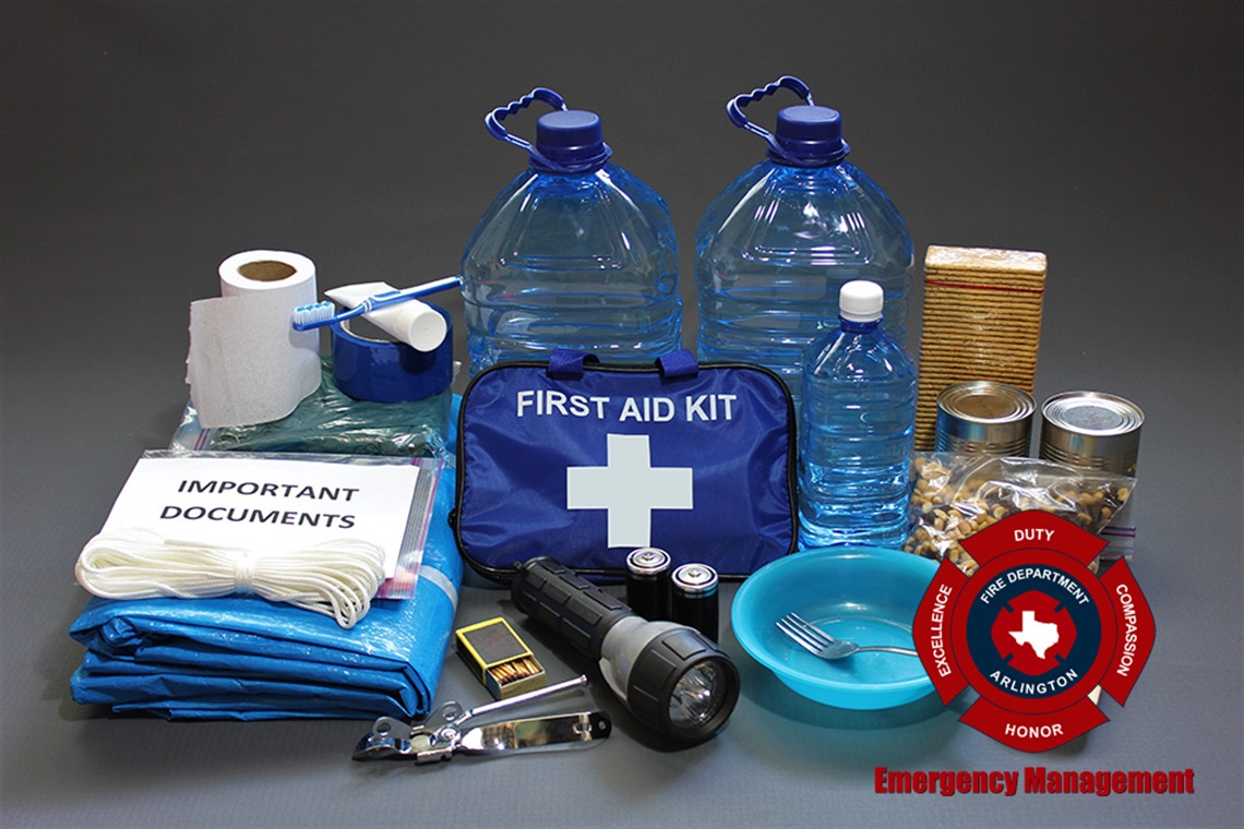 Items like first aid kit, water, bandages and batteries that make up, in part, an Emergency Preparedness Kit